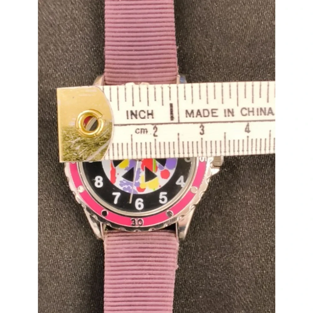 Accutime Silver/Pink Round Peace Sign Black Face Purple Unisex Watch Band #W5175